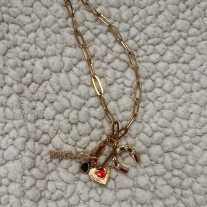 Gold Charm Necklace with Heart and Horseshoe